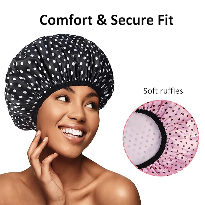 2-Pack Reusable Waterproof Shower Caps for Women, Double-Layer Elastic Bath hat,Extra Large Hair Cap for Long Curly Hair（Black, Pink）