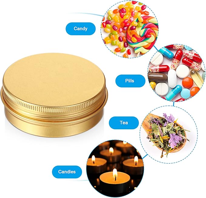 Patelai 2 oz 120 pcs Metal Round Tins Aluminum Tin Cans Salve Tins Containers with Screw Lid 20 Sheets Stickers for Salve Spice Candies Balms Candles(Gold)