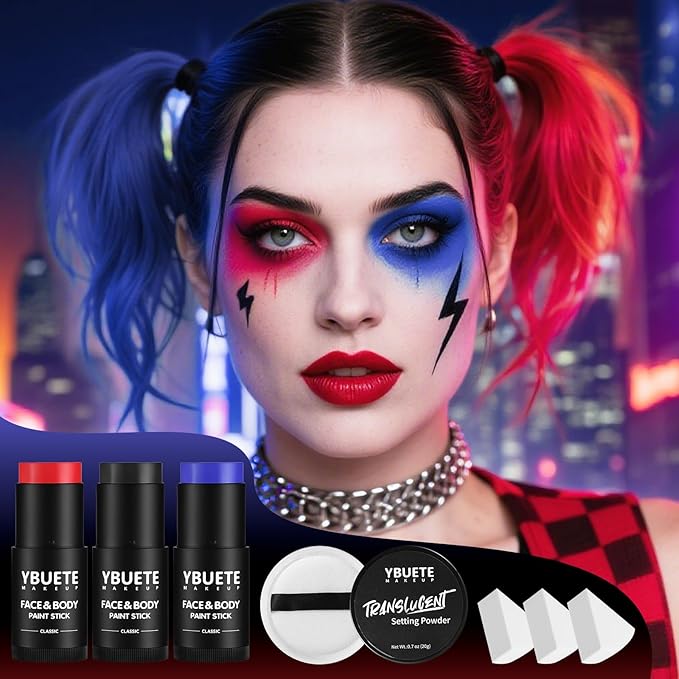 Red Black Blue Face Body Paint Stick Set with Translucent Setting Powder and Sponges, Professional Full Coverage Face Painting for Adults Halloween Cosplay SFX Joker Skull Monster Makeup