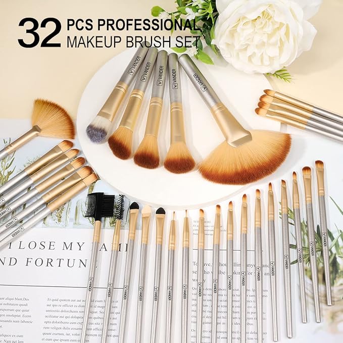 Vander Make up Brushes Set, 32Pcs Premium Synthetic Make up Brush, Eyeshadow Contour Foundation Blending Face Cosmetic Brush Travel Make up Brushes for Women, Girl (Gold)