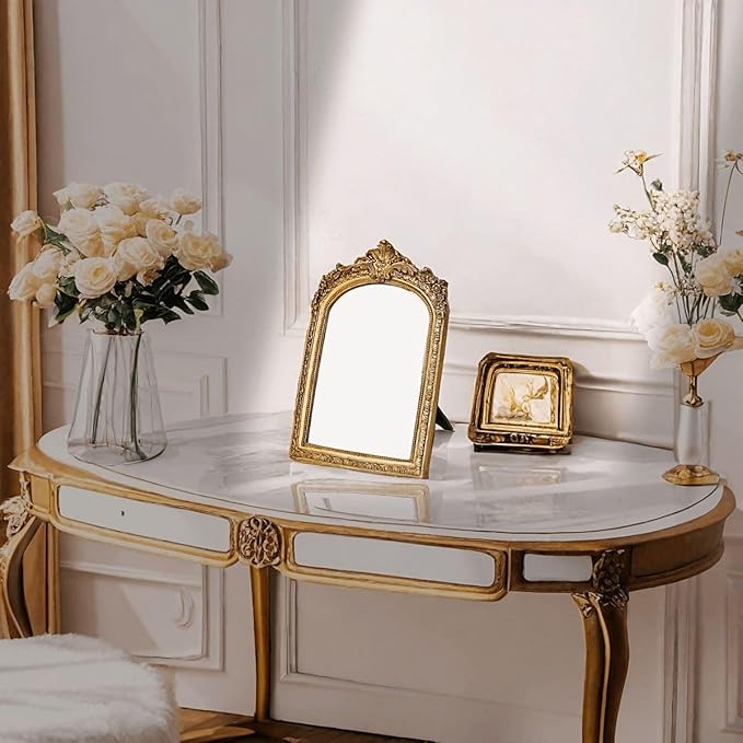 Small Gold Vintage Vanity Desk Makeup Mirror Antique Decorative Wall Mirror,Resin Carved Arch Table Mirror with Stand for Living Room,Bedroom Dresser,Desktop Decor 10.2" x 7" ﻿