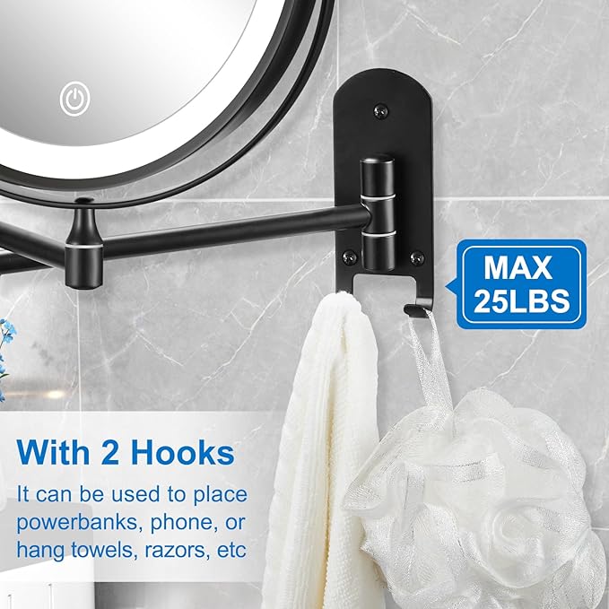 9" Rechargeable Wall Mounted Lighted Makeup Mirror, Double Sided 1X/10X Magnifying Mirror with 3 Color Lights Dimmable, Bathroom Mirror with Hook, Black