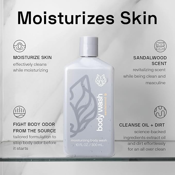Black Wolf Moisturizing Body Wash for Men, Sandalwood - Mens Hydrating Bodywash for Dry, Dehydrated, & Sensitive Skin - Hyaluronic Acid, Aloe Vera, & Jojoba Oil Body Cleanser Help Remove Oil & Dirt