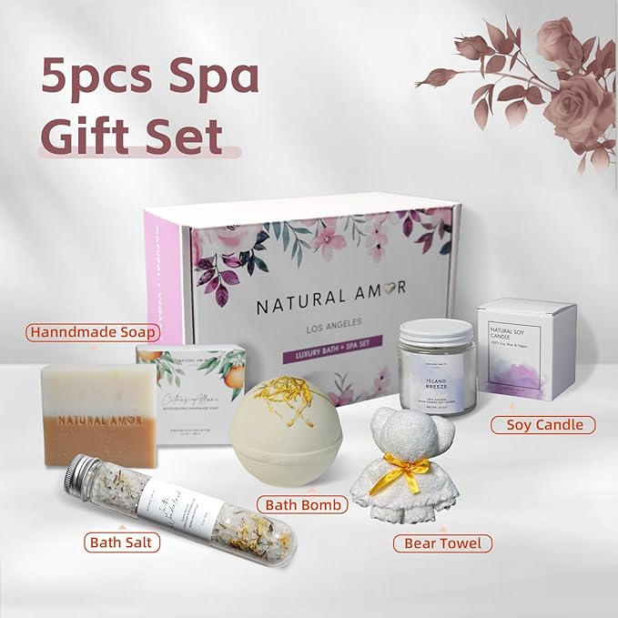 Natural Amor Handmade Spa Gifts for Women, Relaxing 5pcs Spa Gift Set for Women Including Citrus Handmade Soap Bar, Soy Candle, Bath Salt, Bath Bomb