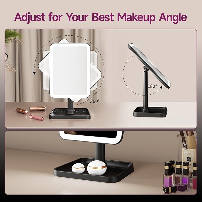 FUNTOUCH Rechargeable Lighted Mirrors for Makeup, 2000mAh, 10X Magnification/3 Color Lighting Portable Tabletop Cosmetic Make Up Mirror, 360° Rotation Led Light up Mirrors with Storage