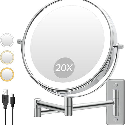 1X/20X Wall Mounted Makeup Mirror with Lights, 8" Double Sided Bathroom Magnifying Mirror with 360° Extension Arm, Dimmable, Rechargeable, Touch Control, Chrome