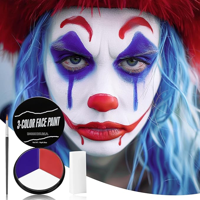 US Flag Red White Blue Face Painting Kit, 3 Colors Facepaint + 3PC Sponge + Brush for Halloween Costume Clown Joker, Eye Black for Sports & 4th of July Independence Day America’s Patriotic Parades