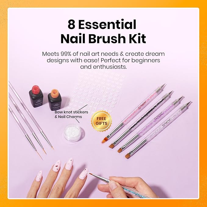 Beetles Nail Art Brushes 8pcs – Crystal Nail Art Tools 5pcs Double-headed Nails Dotting Tool, 3pcs Striping Liner Brushes for Nails with Pearls Bowknot Stickers, DIY Home Salon Manicure Design Tools