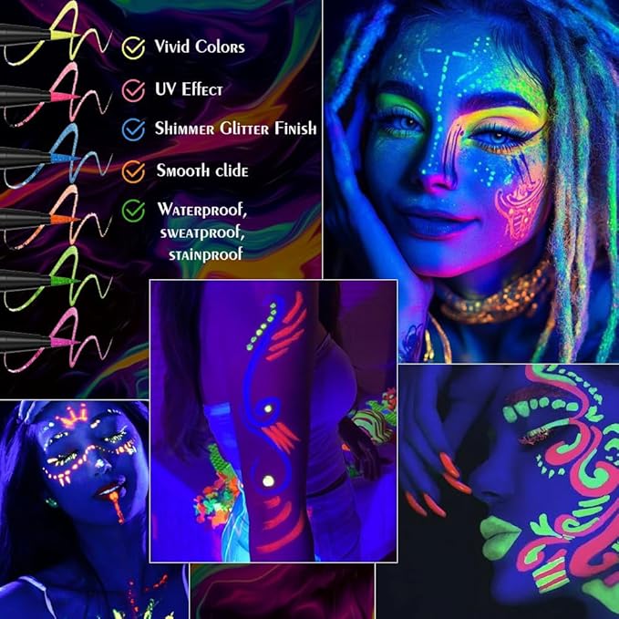 evpct Blue Shimmer Eyeliner UV Neon Gel Eyeliner Pencil Makeup, Rainbow Halloween Colored Colorful Gel Eye Liner Pen Glow in Dark Makeup, Long Lasting Waterproof Eyeliners for Face Body Painting