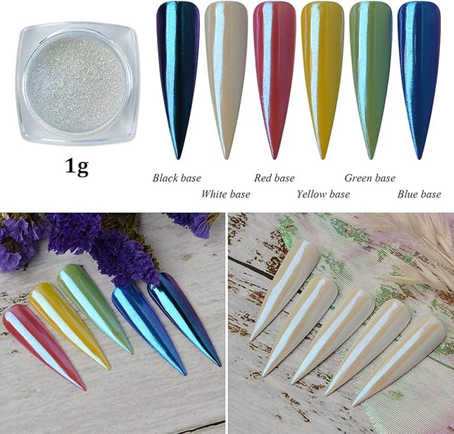 Mermaid Chrome Nail Powder, 2 Jars Neon Iridescent Chrome Powder Aurora Nail Powders Mermaid Pearl Magic Mirror Glitter Effect Pigment Powder Dust Manicure Tips with Sponge Applicators
