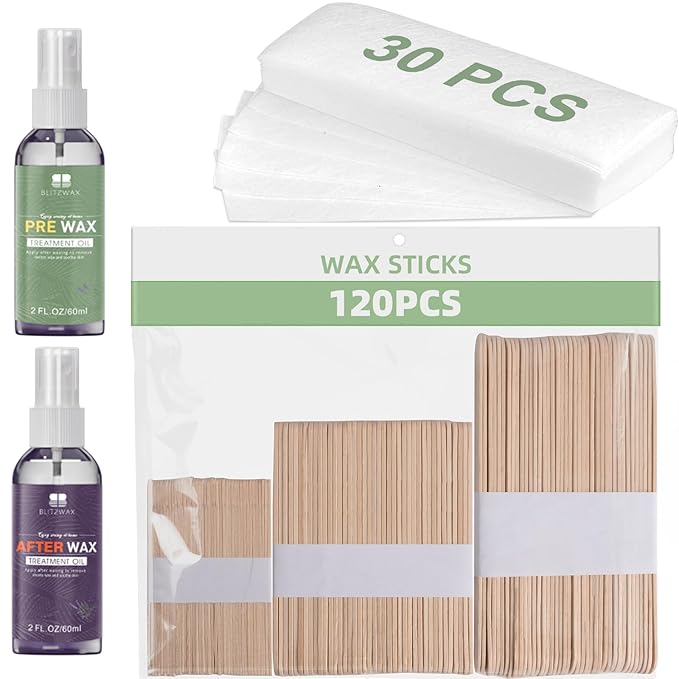 BLITZWAX 120pcs Wooden Waxing Sticks Kit for Hard Wax Hair Removal, Eyebrow Large and Small Applicators for Face, Body, and Lip, with 30 Wax Papers and Oils, Ideal for Women’s At-Home Waxing