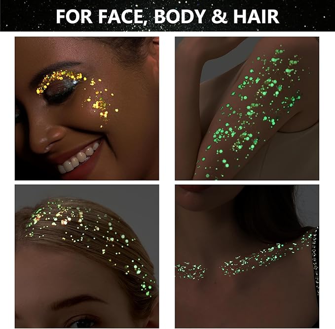 Teenitor Glow in The Dark Glitter, 12 Colors Body Glitter Face Glitter Hair Glitter Gel for UV Black Light Halloween Makeup Festivals Raves