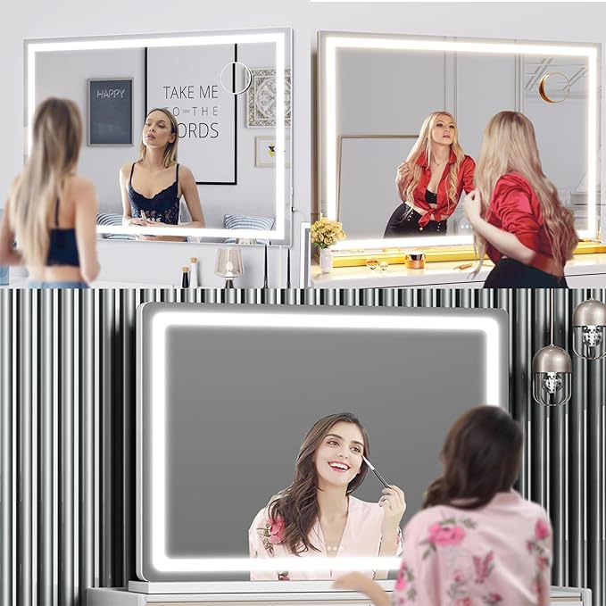 Vanity Mirror with Lights, 28" x 22" LED Makeup Mirror, Lighted Makeup Mirror with 10X Magnification,Dimmable 3 Modes, Touch Screen Control Vanity Mirror Round Gold