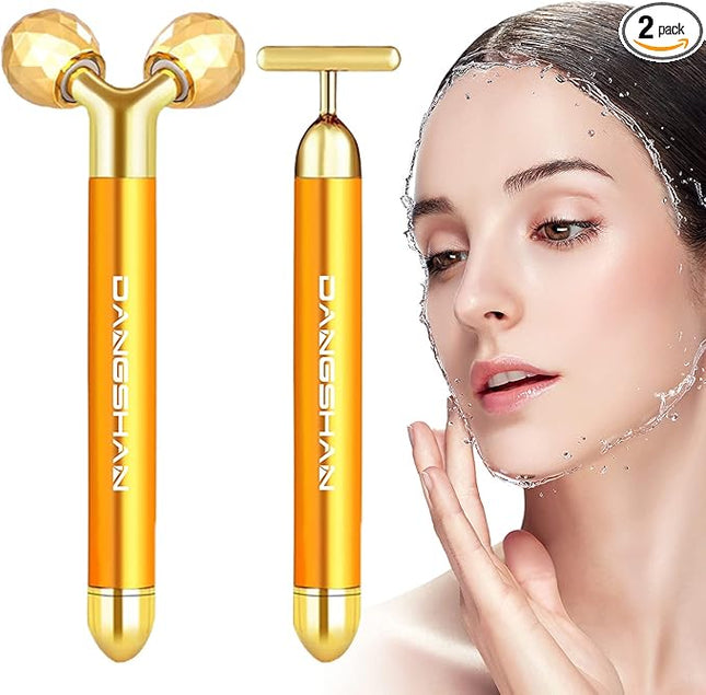 DANGSHAN 2-in-1 Electric Face Massager 24k Golden Facial Massager, 3D Roller and T Shape Facial Roller Massager Kit Skin Care Tools