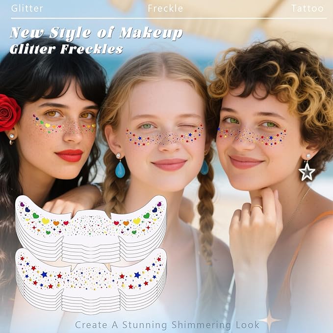 12pcs Rich Rainbow Color Glitter Freckles Face Tattoo, Waterproof Long Lasting Multicolor Speckles Patches for Women Kids, Cute Heart&Star Temporary Tattoo Makeup Rave Accessories for Festival