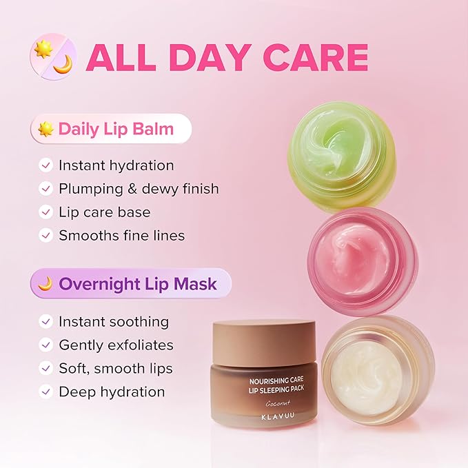 Klavuu Lip Mask Set (2PCS) – Overnight Deep Hydrating Korean Lip Balm Treatment for Very Dry, Chapped Lips | Lip Lightening & Plumping with Instant Hydration | Gentle Exfoliating (Berry & Vanilla)