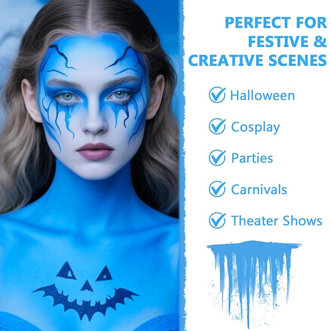 Blue Face Body Paint Kit for Kids & Adults, Non-Toxic Water-Based Professional Face Painting Palette with Brushes for Halloween Clown Goth Vampire SFX Makeup, Art Stage Cosplay Parties