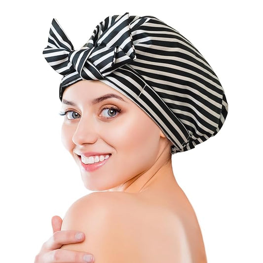 Luxury Shower Cap for Women, Shower Caps for Women Reusable Waterproof, Hair Cap for Shower, Large Adjustable Bowknot Bath Cap for Long Hair Braids