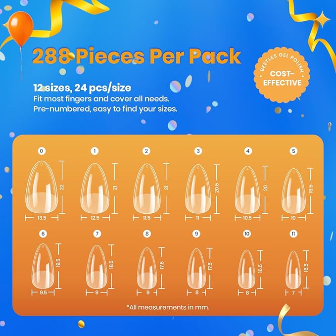 Beetles Short Almond Nail Tips: 12 Sizes 288 PCS Half Matte Full Cover Gel Tips Clear Acrylic Gel Nail Tips Almond Shape for DIY Extension