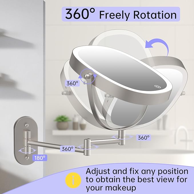 FUNTOUCH Rechargeable Wall Mounted Lighted Makeup Mirror, Oval Double-Sided Mirror 1X/10X Magnifying Wall Mounted,3 Color Lights Touch Screen Dimmable 360°Swivel 13 Inch Extendable