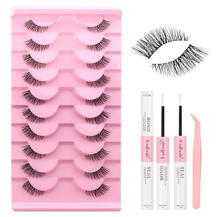 FADLASH False Eyelashes Kit 10 Pairs Faux Mink Lashes Wispy with Lash Bond and Seal and Tweezer Fake Eyelashes Natural Look Handmade Eyelashes Cat Eye Lashes Fake Lashes Strips (BY001 Kit)