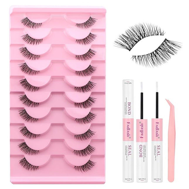 FADLASH False Eyelashes Kit 10 Pairs Faux Mink Lashes Wispy with Lash Bond and Seal and Tweezer Fake Eyelashes Natural Look Handmade Eyelashes Cat Eye Lashes Fake Lashes Strips (BY001 Kit)
