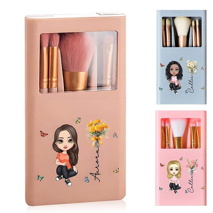 CALLIE Personalized Travel Makeup Brushes Set with Mirror | 5 Pcs | Custom Birth Flower and Cartoon Character on mini Makeup Brushes Storage Box | Birthday Christmas Bridal Shower Gift for Women