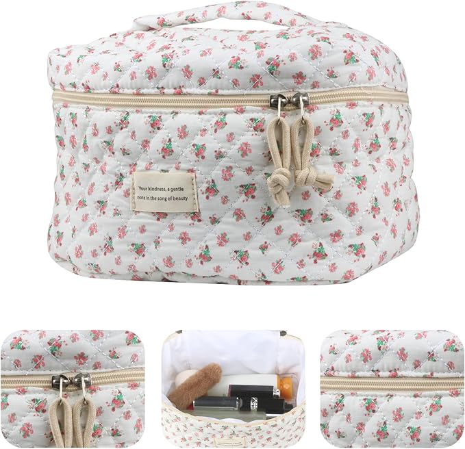VIWIME Makeup Cosmetic Bag, Large Cotton Quilted Travel Coquette Aesthetic Cute Floral Make up Bag for Women Toiletry Bag Organizer(Red Rose/4Pcs)