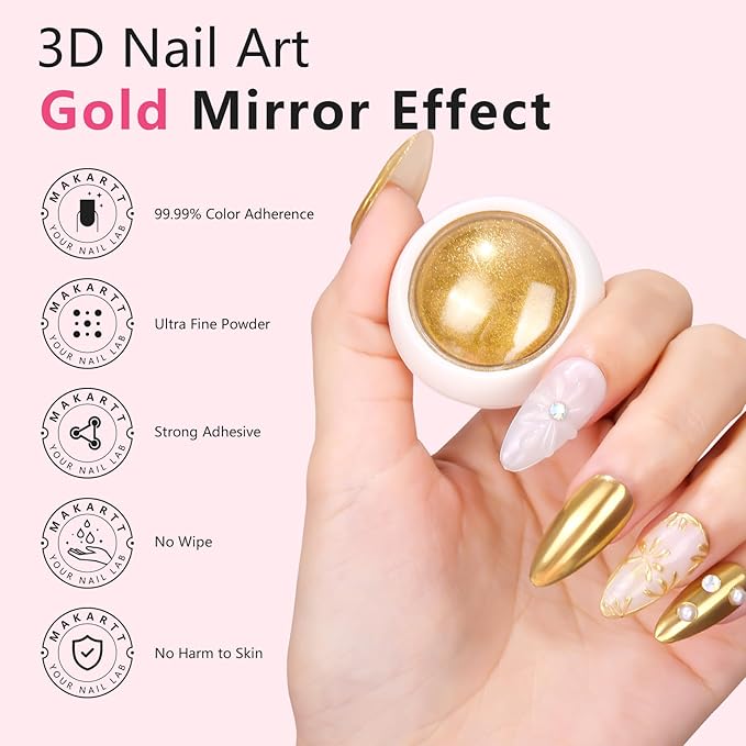 Makartt 3D Gel Nail Art with Gold Chrome Nail Powder Kit: Clear Molding Gel for Nail Art 15g Sculpting Glue Polish and Metallic Effect Mirror Powder Set for Nail Decoration Manicure Charms