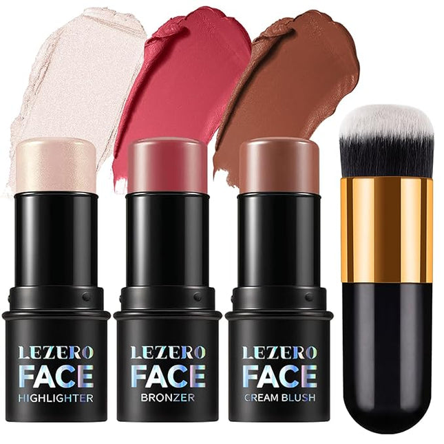 3Pcs Contour Stick Makeup Set, Shades with Highlighter Blush Bronzer Stick Kit for Sculpt the Cheeks and All Skin Type, Longwear Smooth Non-greasy Formula for All Skin Types, Mature