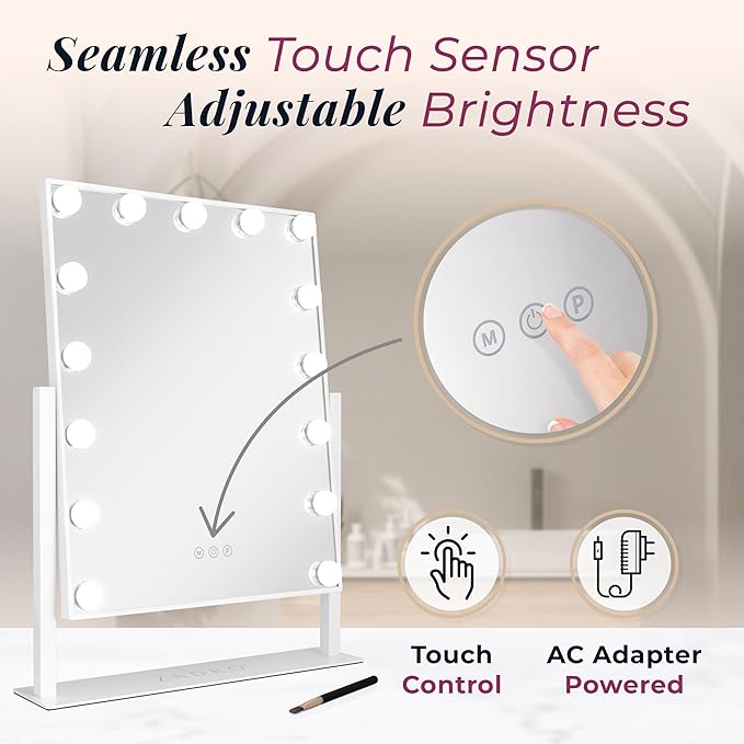 Zadro Hollywood Lighted Vanity Mirror with 15 LED Bulbs, 3 Color Light Settings, 360° Rotation Makeup Mirror Head (21" H x 18" W | 1X | Chocolate)