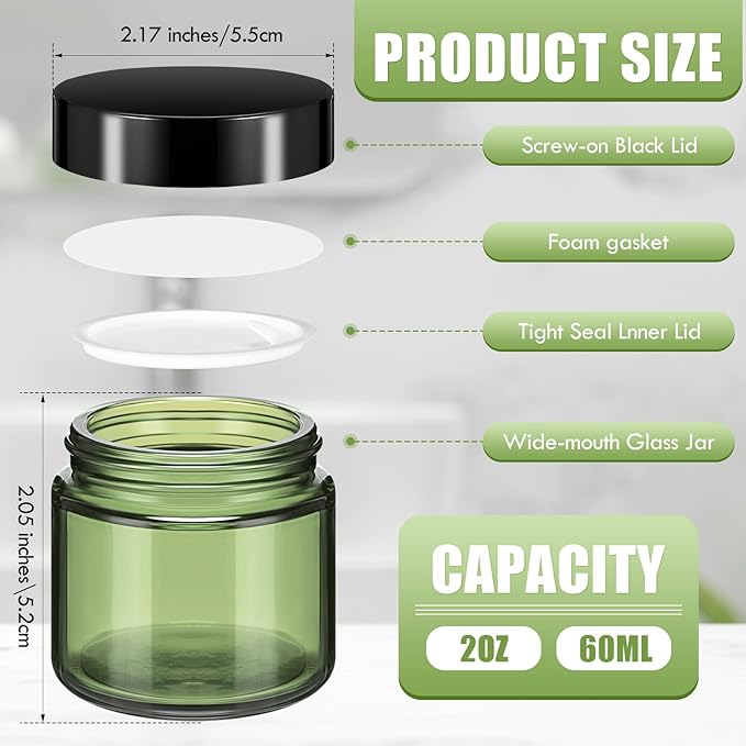 Domensi 48 Pcs 2 oz Glass Jars with Lids Travel Size Round Leakproof Empty Cosmetic Jars with Inner Liners Lid for Storing Makeup Lotions Face Cream Ointments Candle DIY Making (Olive Green)