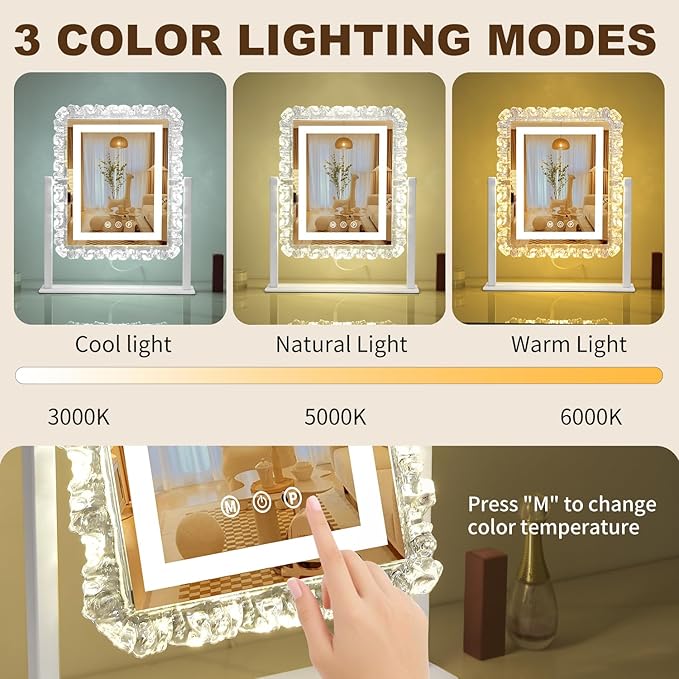 Lighted led Makeup Mirror Hollywood Mirror Vanity Makeup Mirror with Lights Smart Touch Control 3-Gear Dimable Light 360°Rotation (12in. White)