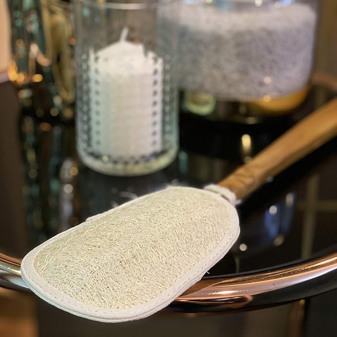 FAAY Thai Loofah Spa Set – 17″ Teak-Handled Back Scrubber with Refill + 2 Face & Body Exfoliating Pads