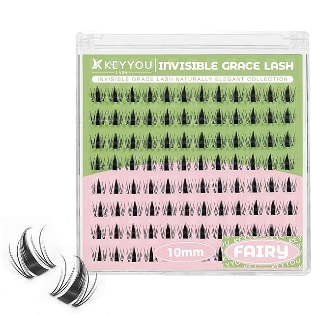 KEYYOU Fairy Lash Clusters 96Pcs D Curl Manga Lash Extension Eyelash Extension Wispy Natural Invisible Band Lash with Waterproof DIY Lash Extension at Home(Fairy-D-10MM)