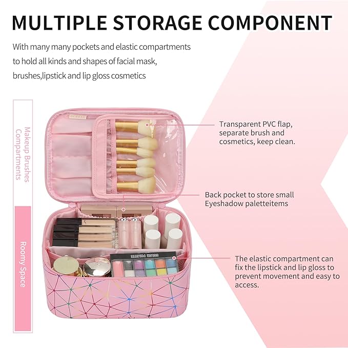 OCHEAL Makeup Bag - Portable Large Capacity Travel Cosmetic Case for Women with Handle and Divider Toiletry Organizer for Girls on the Go -Geometric Pink