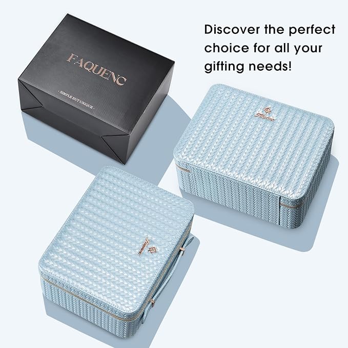 Leather Makeup Case with LED Lighted Mirror 11.4 Inch Travel Makeup Bag Adjustable Brightness in 3 Colors Cosmetic Organizer Artist Storage Bag with Dividers Brush Holder Bag Vanity Shiny Blue