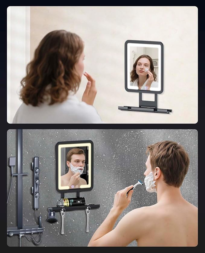 Shower Mirror Fogless for Shaving 7x9in Heated Anti Fog Mirror 3 Color Dimmable Lighted Mirror Rechargeable with Storage Tray Razor Holders 360° Rotatable Black Fog Free Bathroom Mirror for Men