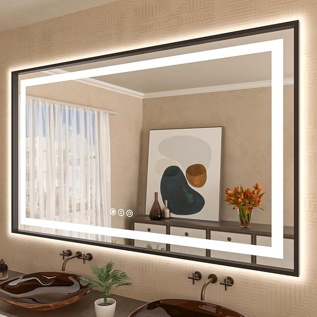 Amorho LED Bathroom Mirror, 60" X40" Framed Front Light and Backlit Mirror, Stepless Dimmable, Anti-Fog, Shatter-Proof, Memory, 3 Colors, Double LED Vanity Mirror