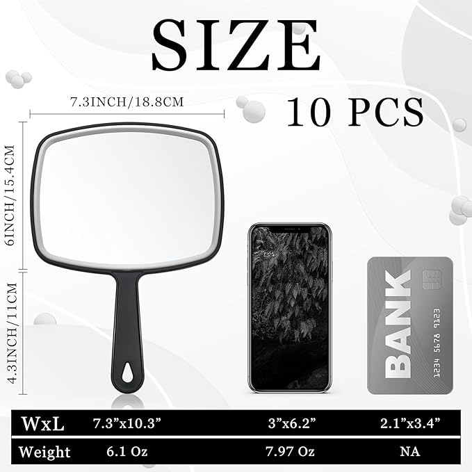 Qunclay 10 Pcs Large Hand Mirror Handheld Mirror with Handle Wall Mount for Barber Bathroom Portable Beauty School Gift for Vanity Makeup Home Salon Travel Use(7.3'' W x 10.3'' L,Black)