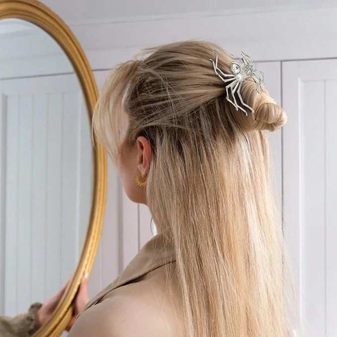 2 Pcs Halloween Hair Claw Clips for Women, Terror Spider Hair Clips, Black & Silver Metal Non-Slip Claw Clips, Gothic Large Hair Claw, Halloween Hair Accessories for Hair Styling, Decorations