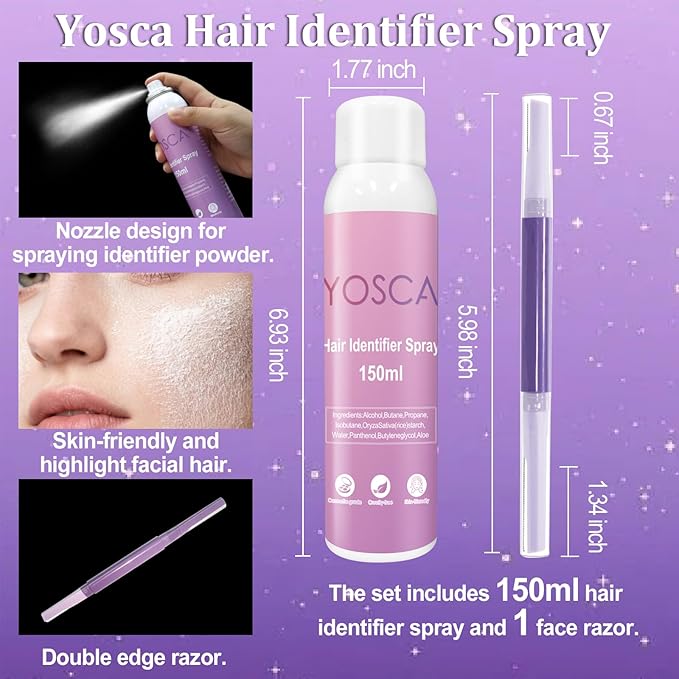 Yosca Hair Identifier Spray for Face Shaving, 150ML Skin Body Hair Identifier Spray for Face Dermaplaning, Facial Hairspray for Dermaplaning, Moisturizing and Skin Care Shaving Powder with Razor