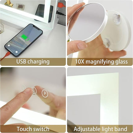 Sucedey Vanity Mirror with Lights, 23" x 18" Makeup Mirror, Hollywood Mirror with 3 Color Modes & Adjustable Brightness, Detachable 10x Zoom Mirror and USB Charging Design (White)