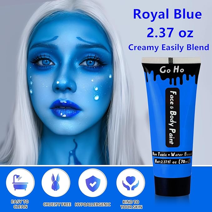 Go Ho Royal Blue Face Body Paint Washable(2.37oz/pc),Water Based Cream Blue Face Paint,Smurf Mystique Avatar Clown Makeup,Blue Body Paint for SFX Cosplay Costumes Festivals Halloween Makeup
