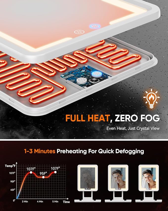 Heated Shower Mirror Fogless for Shaving 2025 New, 3 Colors Stepless Dimmable Lights Anti Fog Shower Mirror, Fog Free Mirror for Shaving with Razor Holder for Men, NO-Drilling, Removable - White
