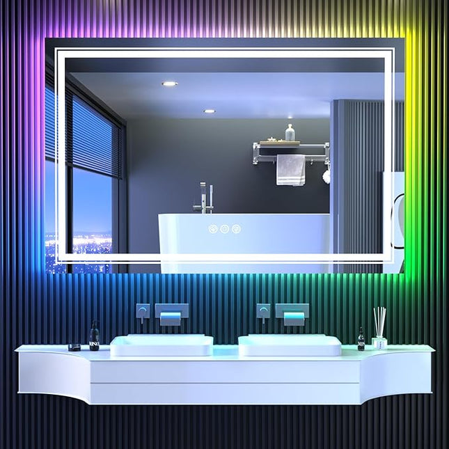 LED Mirror for Bathroom, 55"X36" with 8 RGB Backlit +3 Front Lit (Adjustable Individually), Anti-Fog, Large Lighted Bathroom Vanity Mirror for Wall,Shatterproof,Memory Function,Tempered Glass