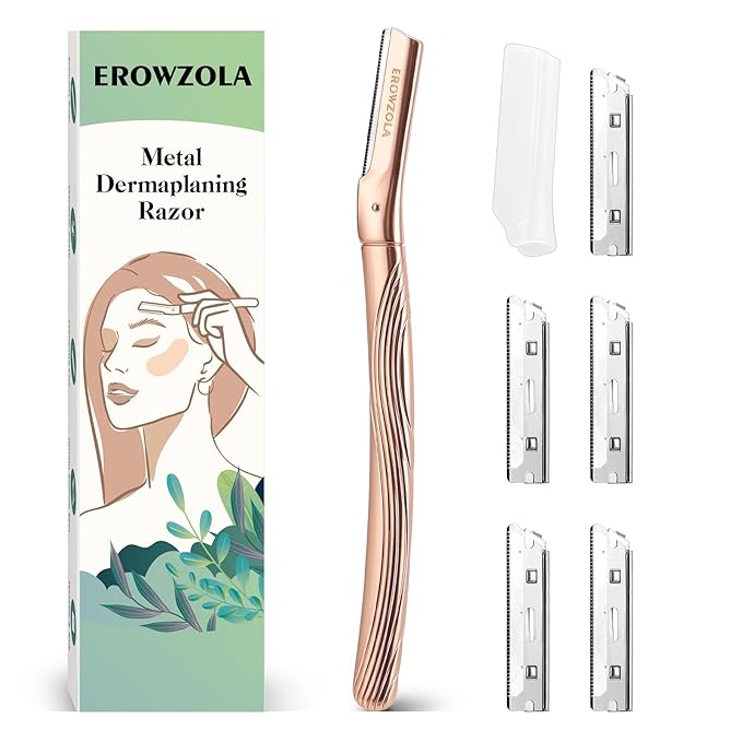 Eyebrow Razor, Face Razors for Women and Men, Reusable Metal Handle with 6 Refill Blades, Eyebrow Trimmer with Precision Cover, Dermaplane Razor, Skin Care Tool - Rose Gold