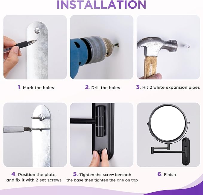 Wall Mounted Makeup Mirror - 1X/15X Magnifying Makeup Mirror with Extended Arm 360°Swivel Vanity Mirror, 8.5in Double Sided Mirror for Bathroom, No Lights