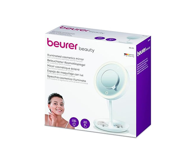 Beurer Illuminated 5X Vanity and Cosmetics Mirror, Touch Sensor Surface, Storage Tray, with Portable, Magnetic Magnifying Makeup Mirror, White LED Light and Dimmer, Cordless, 360° Rotation, BS45