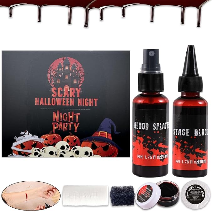 6PCS Halloween Fake Blood Makeup Kit，Washable for Scar Wound and Clothes Realistic Face Paint Wounds Costume Blood For Vampire, Zombie, Clown Cosplay Red，Stipple Sponge ， Cleansing Soap and Gauze